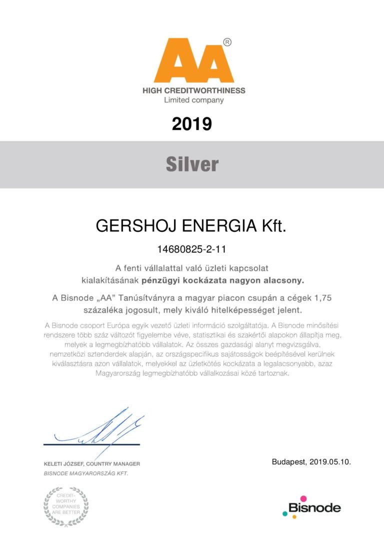 Gershoj Energia Kft. Bisnode ezüst AA minősítés